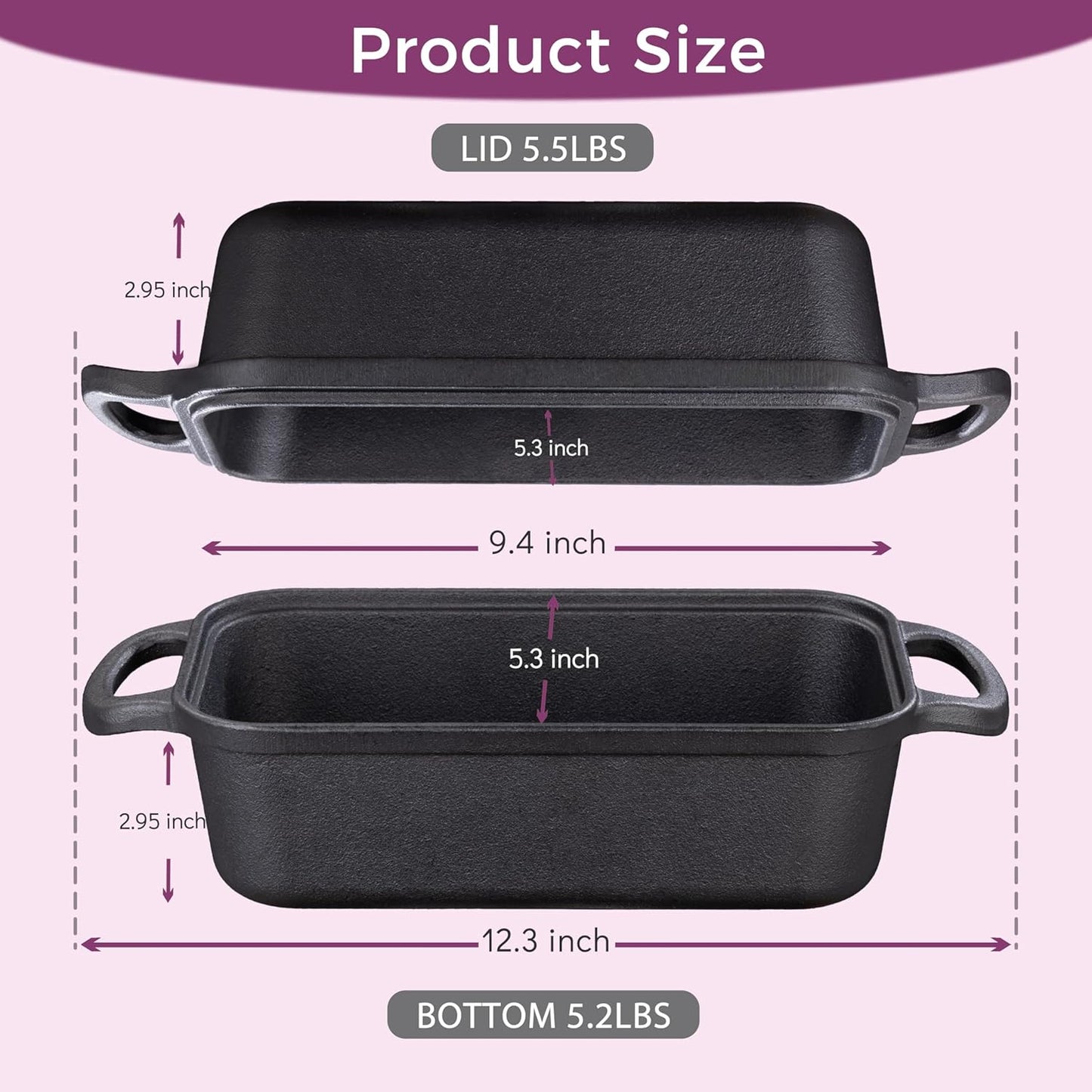 Cast Iron Loaf Pan with Lid 9x5 Inch, 2 in 1 Loaf Pans for Baking Bread, Even Heat Distribution for Sourdough, Homemade Bread