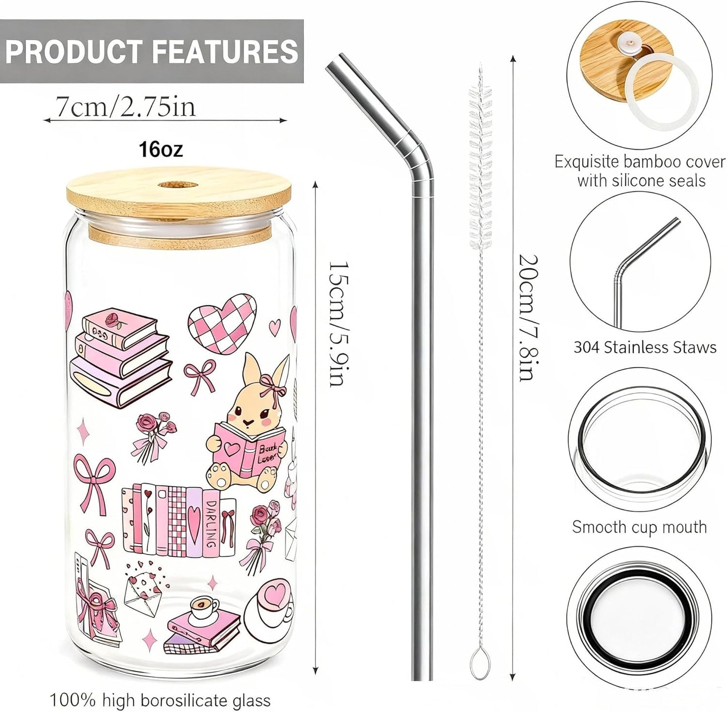 JOYMIA Iced Coffee Cup with Lid & Straw - Book Lovers Gifts for Women, Cute Cups for Reading & Office, Valentine’s Day Present, Bookish Gifts for Her