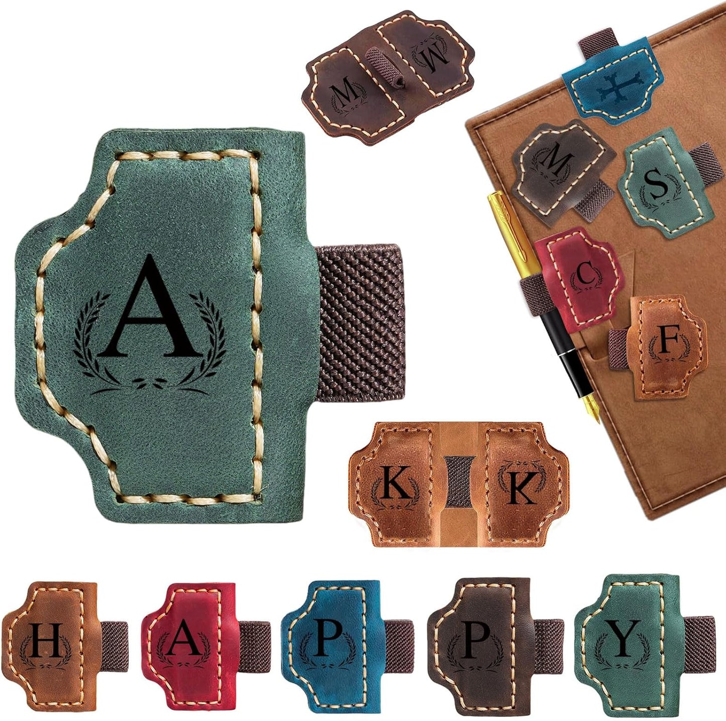 Custom Bygone Mark Bookmark with Pen Holder, 26 Letters Name Initial Personalized Magnetic Leather Bookmark, Gifts for Book Lovers, Readers, Travelers, Leather Book Marks (Blackish Green, A)
