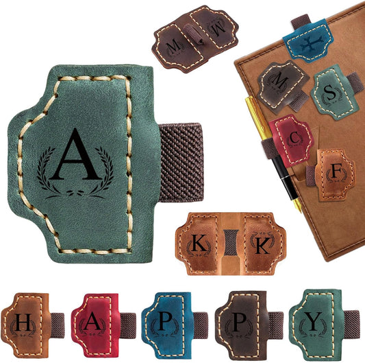 Custom Bygone Mark Bookmark with Pen Holder, 26 Letters Name Initial Personalized Magnetic Leather Bookmark, Gifts for Book Lovers, Readers, Travelers, Leather Book Marks (Blackish Green, A)