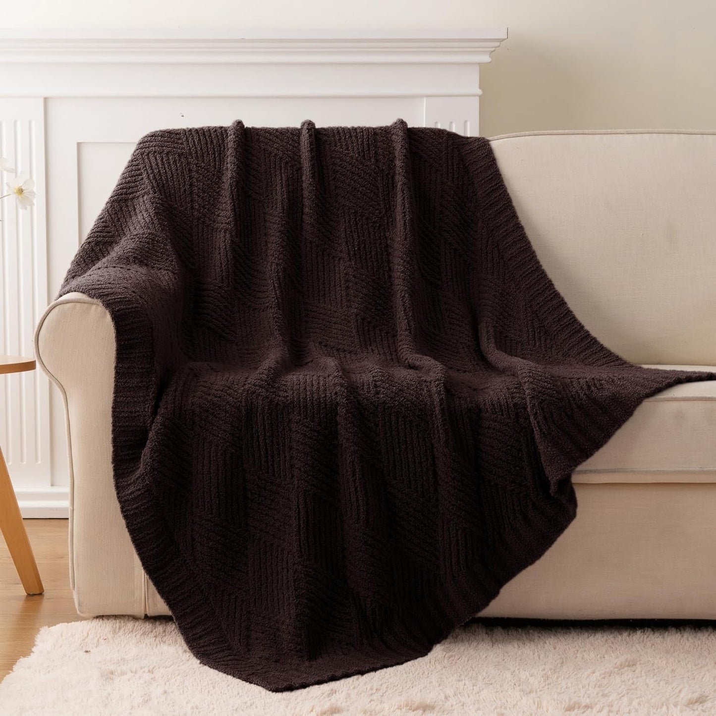 Battilo Brown Chenille Throw Blanket for Couch, Soft Diamond Textured Knit Blanket, Cozy Lightweight Decorative for Sofa, 50"x60"