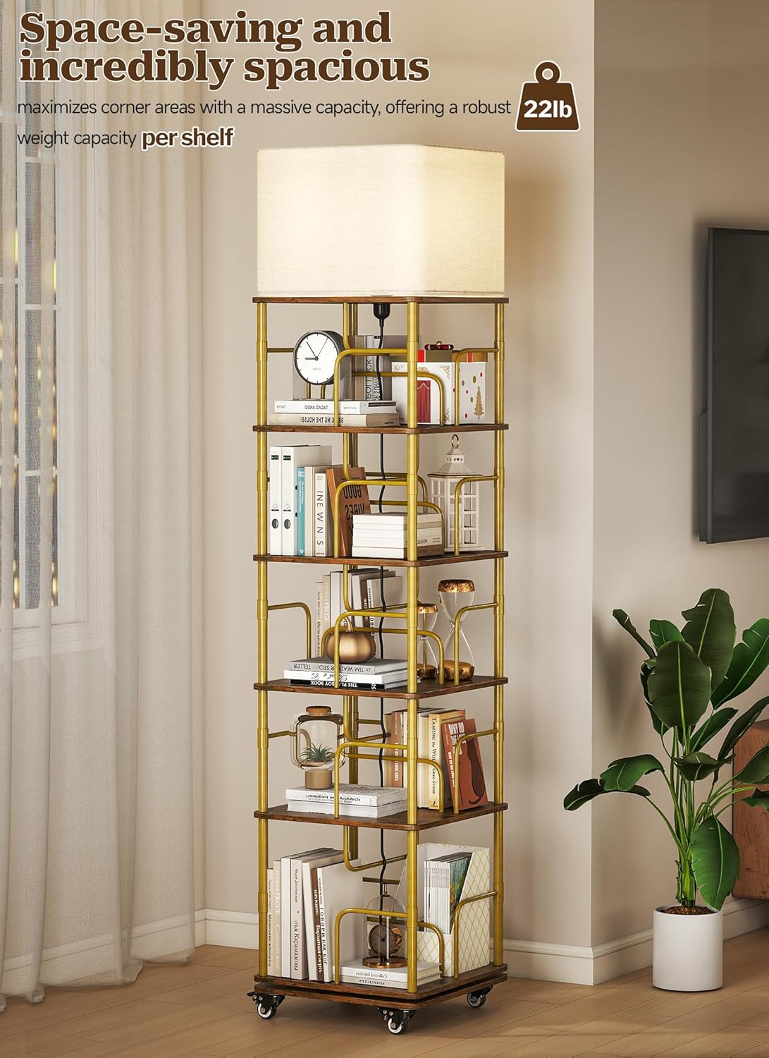 Rotating Bookshelf with Light, Wood Revolving Bookshelf Tower with Wheels, Small Floor Standing Book Organizer, 360 Display Corner for Small Space, 5-Tier