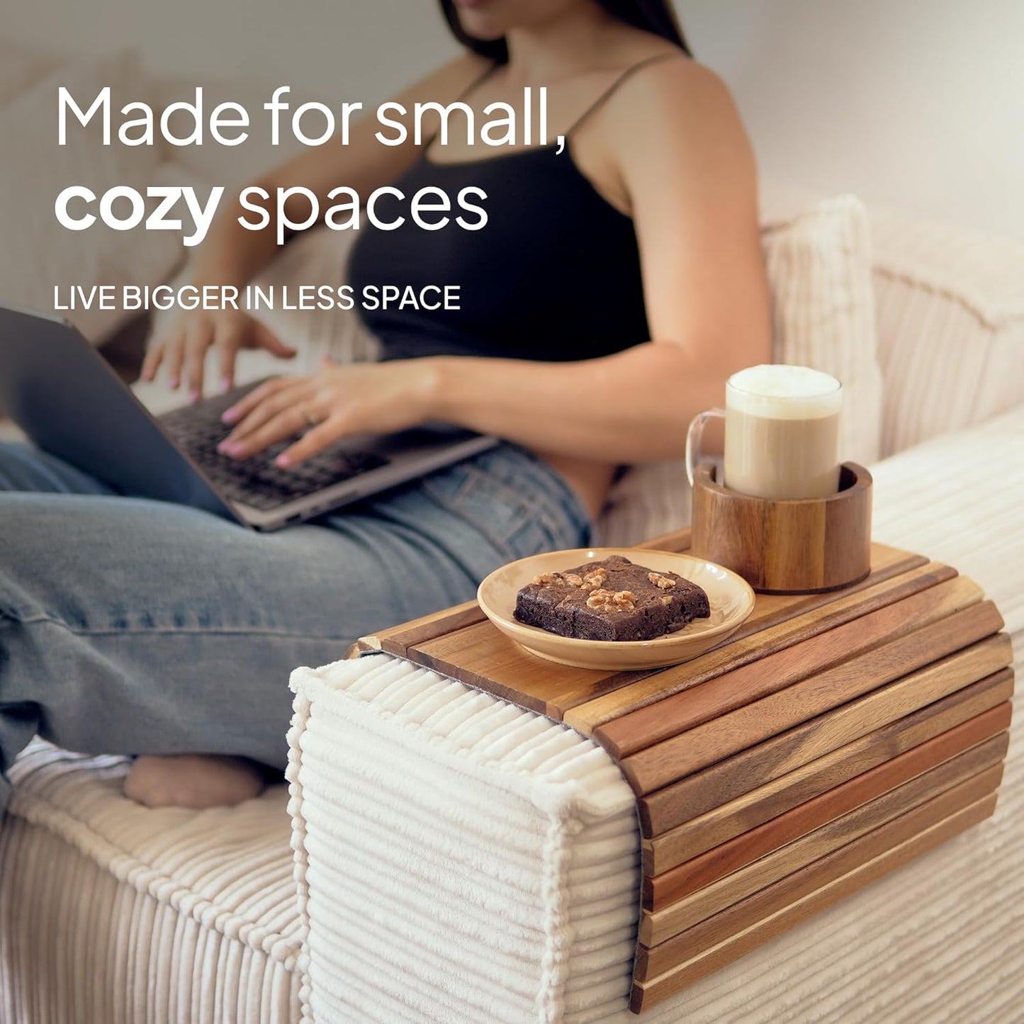 Acacia Couch Arm Tray for Drinks and Snacks with Detachable Cup Holder, Anti Slip Base and Foldable Design, Wooden Sofa Arm Tray for Convenient Couch Side Use