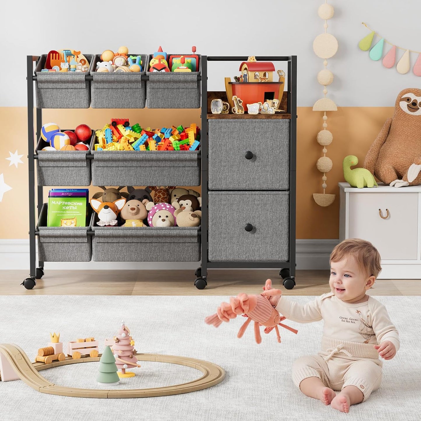 Kids Toy Organizers and Storage Bins - 7 Storage Bins + 2 Fabric Drawers + 1 Bookshelf, Playroom Storage, Mobile Cart Organizer for Toy, Clothes, Blankets and Books - Black
