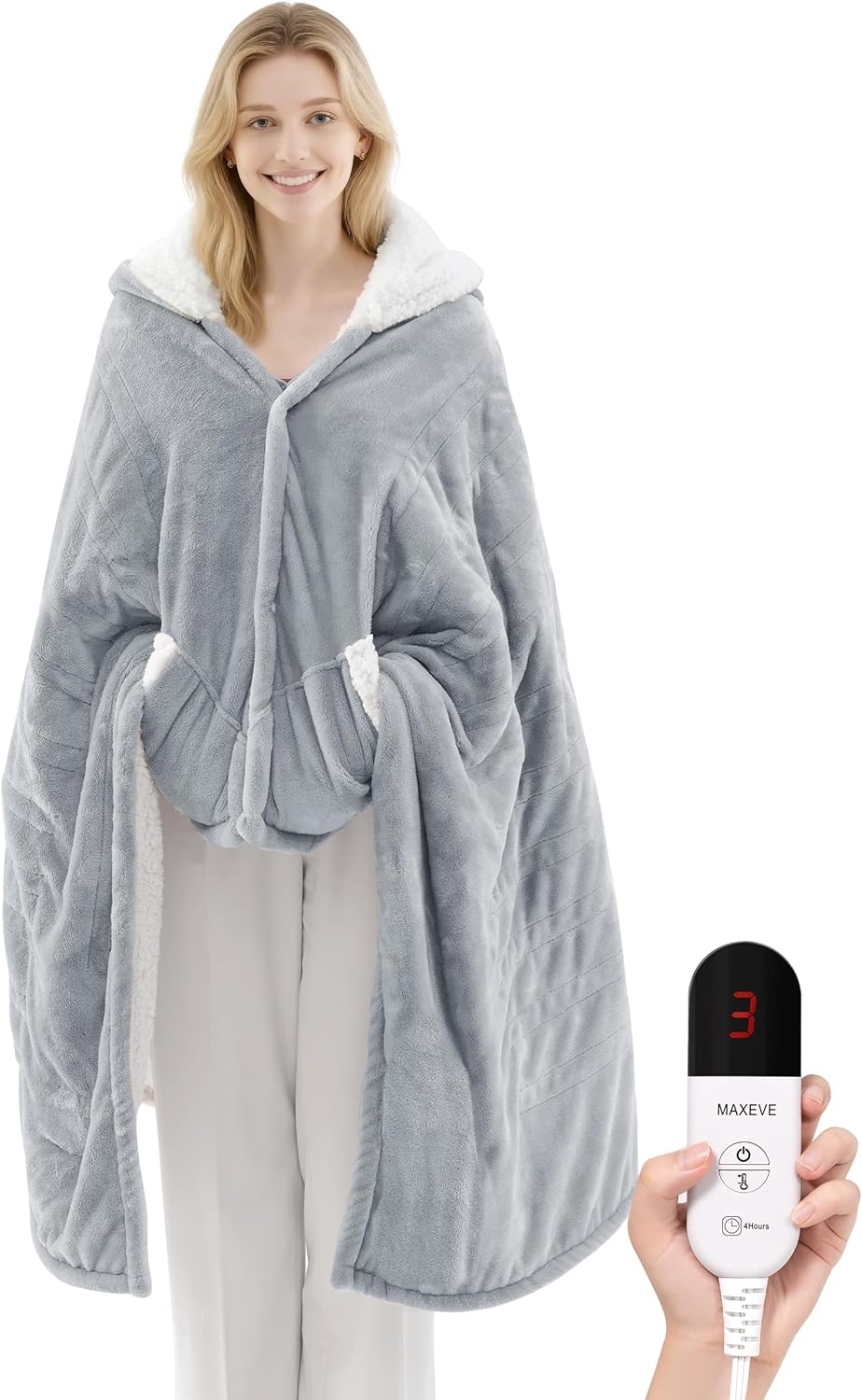 Heated Blanket Wearable Electric Blanket with Hood and Pockets, Heating Throw Blanket, Electric Heated Wrap Shawl with 6 Heating Levels Setting & 4 Hours Auto Shut Off, Machine Washable(Shrot, Grey)