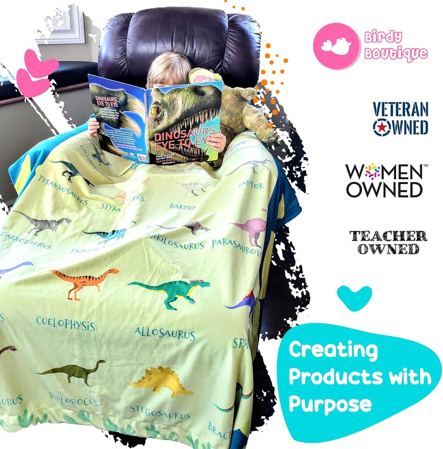 Birdy Boutique – Learning Blanket® – Double-Sided Dinosaur MapBlanket for Kids – Throw 50" x 60" – Soft Minky Plush Educational Blanket for Kids – Prehistoric Species & World Map