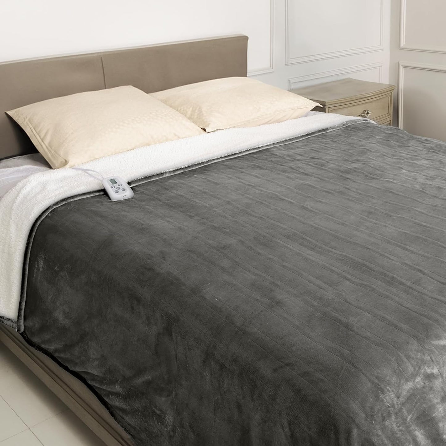 SUNVIVI Electric Heated Blanket, 84" x 62" Twin Size Electric Blanket with 10 Heating Levels and 12 Hours Auto-Off, Soft Flannel and Sherp Blanket with ETL & FCC Certification, Grey
