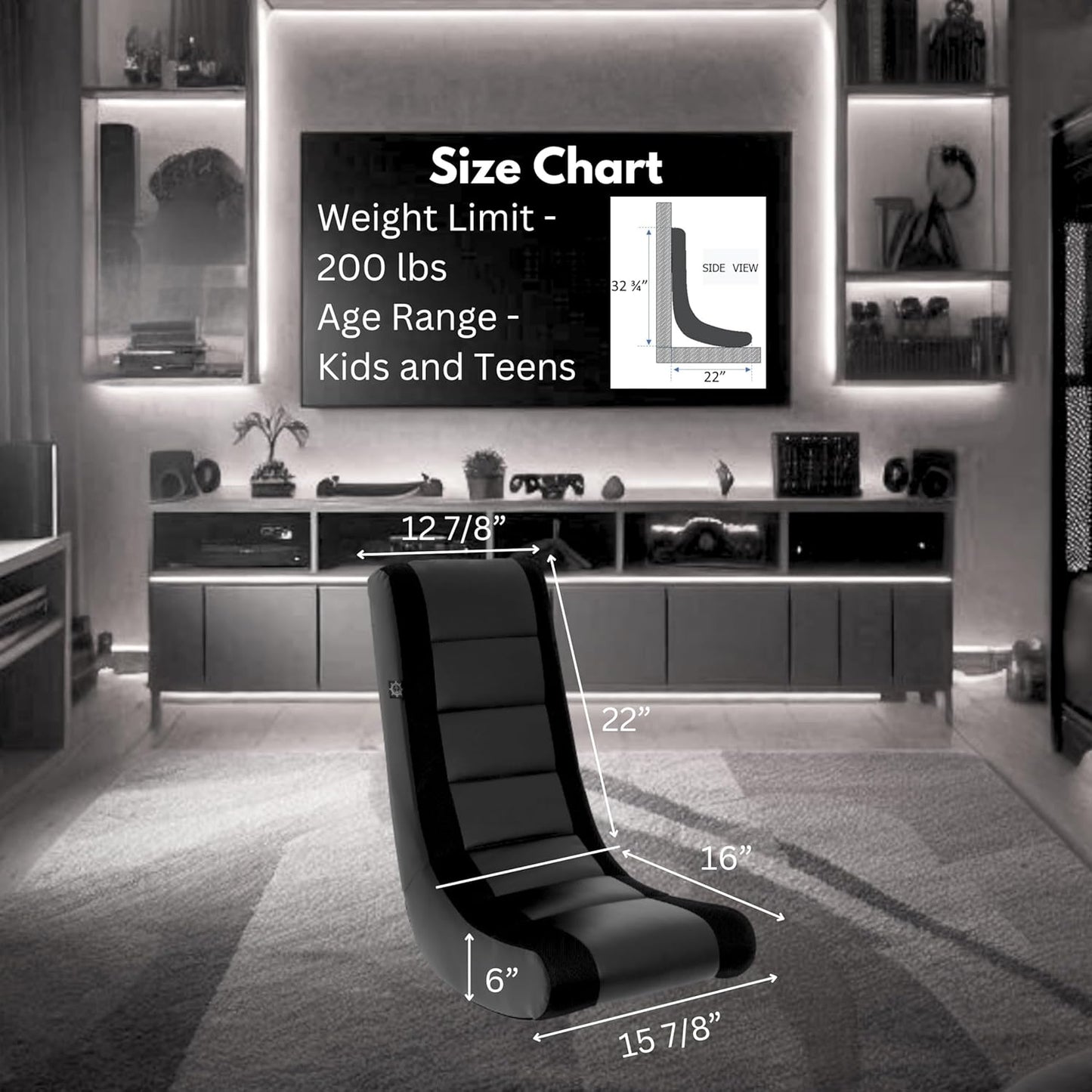 The Crew Furniture Classic Video Rocker Gaming Chair, for Kids and Teens, PU Faux Leather & Polyester Mesh, Black/Black