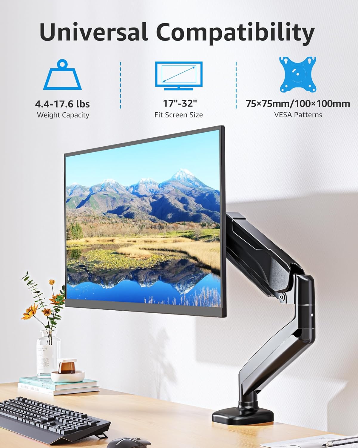 MOUNTUP Single Monitor Desk Mount Holds Screen up to 32 inch, Height Adjustable Monitor Arm, Computer Monitors Stand with Clamp/Grommet Mounting Base, VESA Mounts Fit 4.4-17.6lbs Computer, Black