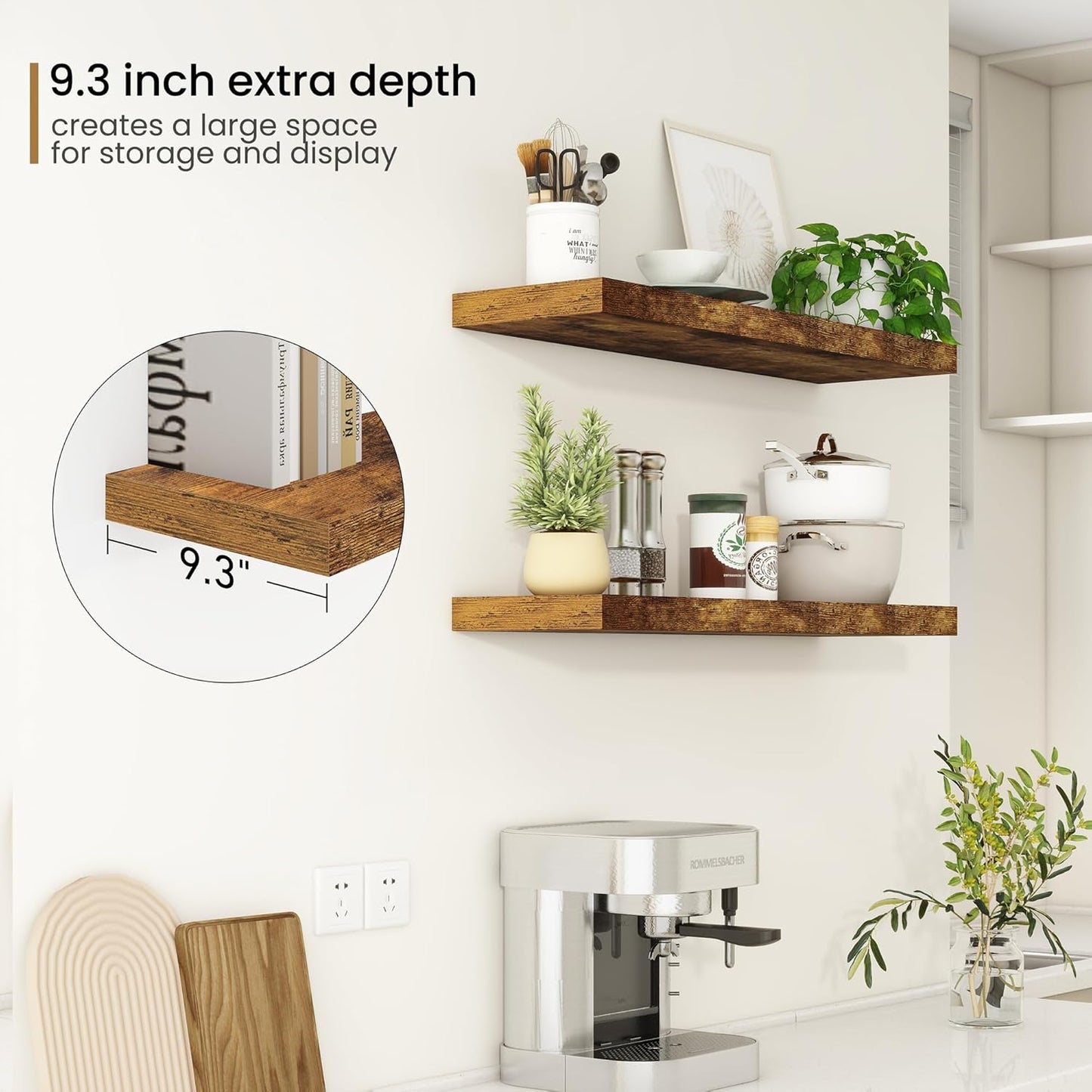 Fun Memories 36Inch Floating Shelves, 9.3Inch Deep Rustic Wall Shelves - Extra Deeper & Thicker Wall Mounted Storage Shelf for Kitchen, Farmhouse - Set of 2 - Rustic Brown