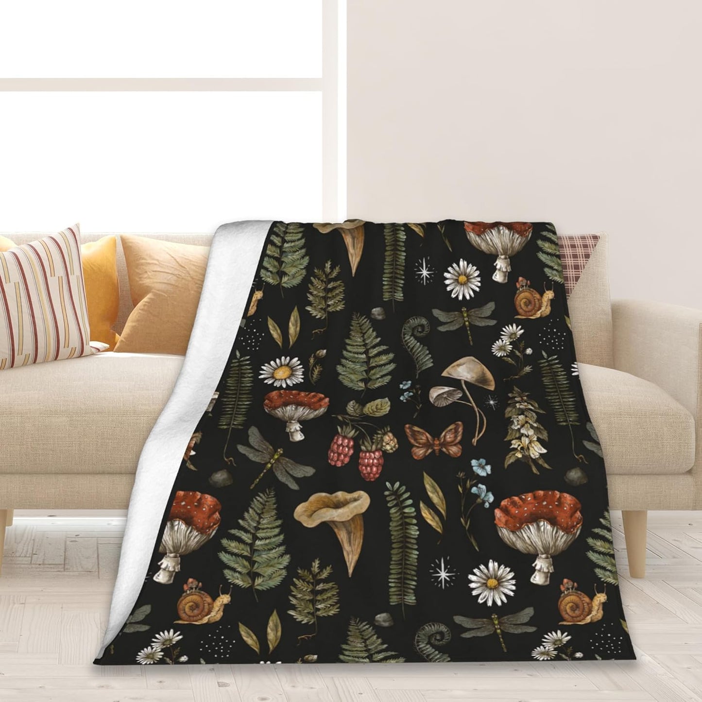 Elightvap Blanket Mushroom Fern Forest Plants Butterfly Blankets Warm Lightweight Throw Blanket All-Season for Couch Bed Man Women Girl 50"x60"