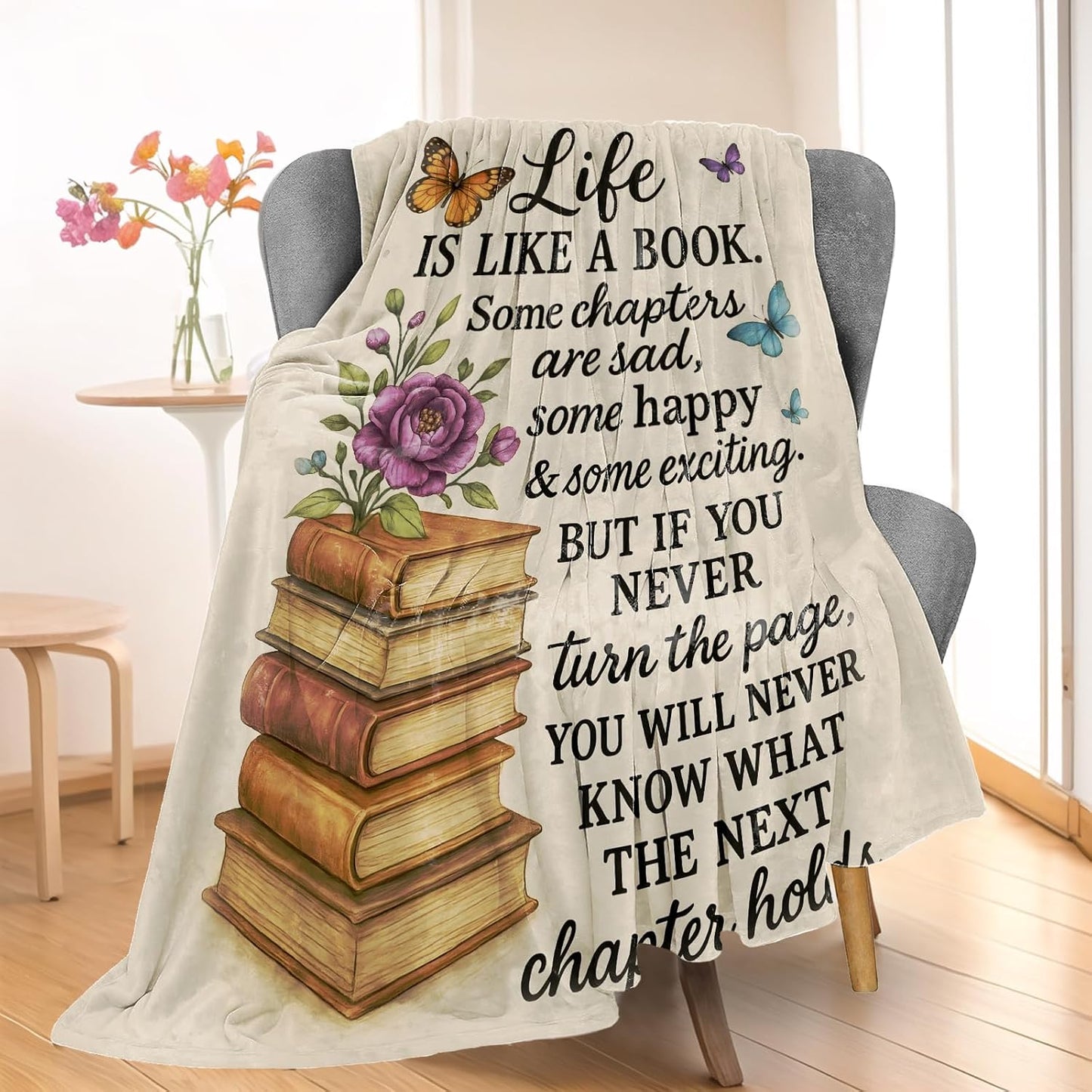 Inspirational Book Blanket, Comfy & Warm Flannel Books with Flowers Throw Blanket for Couch, Gifts for Women Adults Readers, Soft Fuzzy Lightweight Travel Bed Blankets for Decor 50"×60"