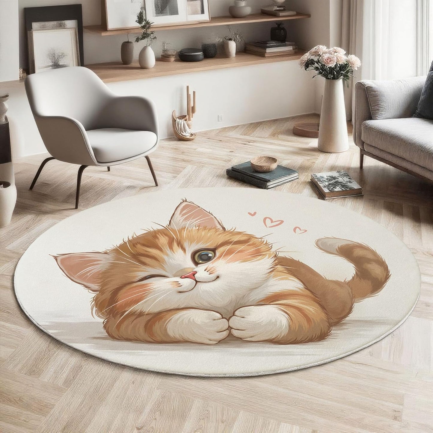 Cute Heart-Shaped Cat Round Rugs 5Ft, Fun Animal Round Living Room Area Rug, Washable Large Soft Circle Rug for Bedroom, Non Slip Ultra Thin Floor Carpet for Dining Room, Beige
