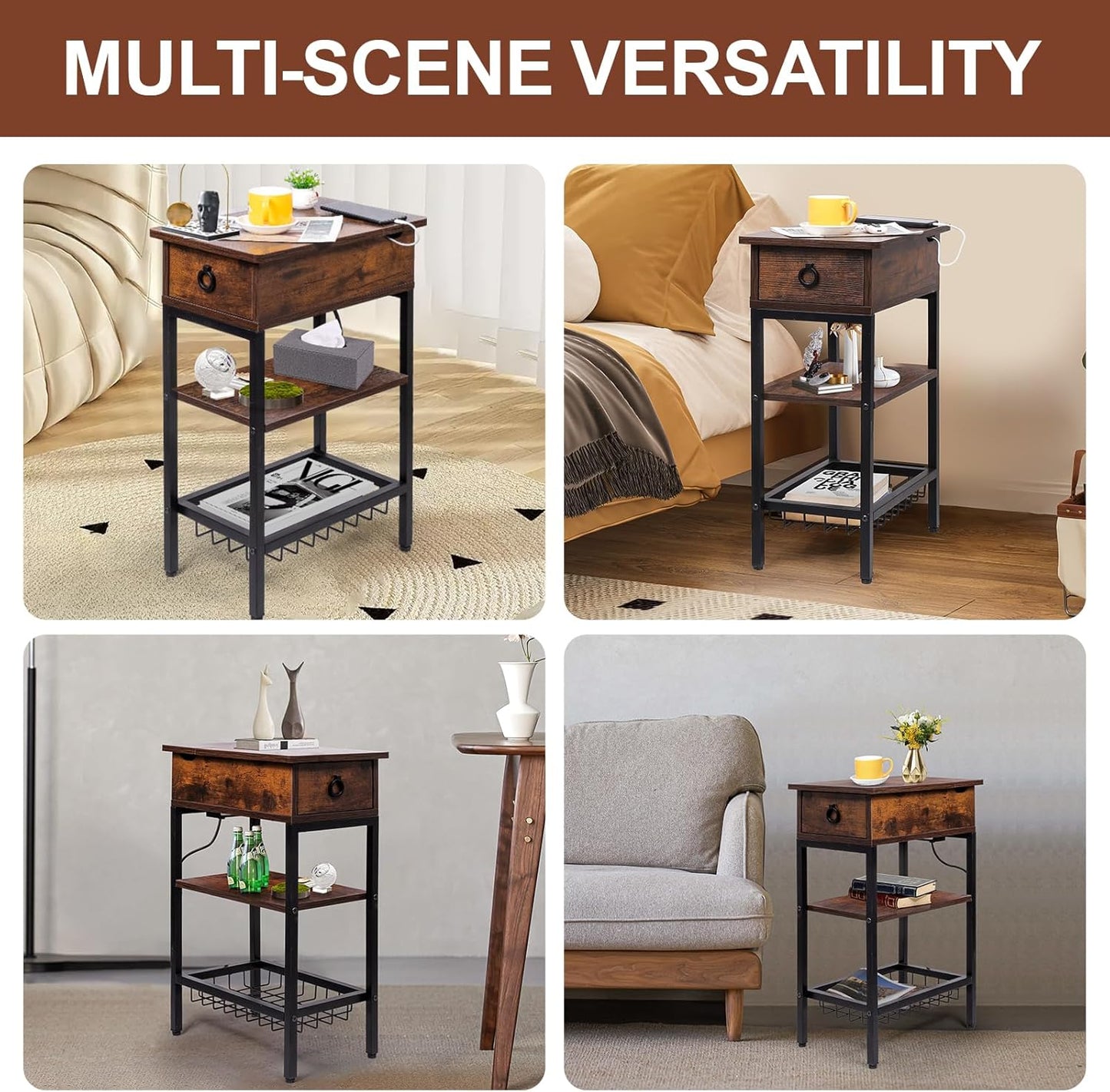 Skinny End Tables with USB Ports and Outlets for Living Room, Slim Nightstand with Charging Station for Bedroom,Chair Side Table with Storage for Small Spaces,Rustic Side Table Recliner