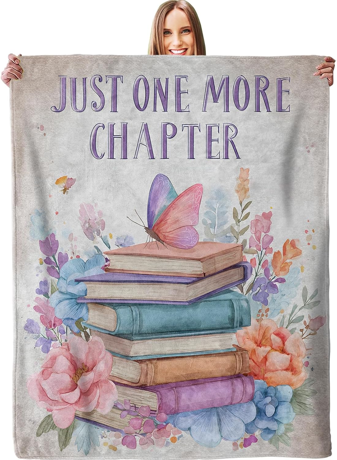 Book Lover Butterfly Blanket, Plush Soft Lightweight Warm Cozy Flannel 60×50 inch Throw Blanket with Floral Reading Design for Couch, Travel, Bed, Outdoor, Gifts for Women Men Teens Adults