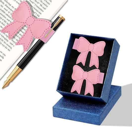 2 PCS Megnatic Leather Heart Bookmarks with Pen Holder, Bow-Shaped Bookmarks with Gift Box for Reading Women, Book Marks Clip Gift for Book Lover Readers