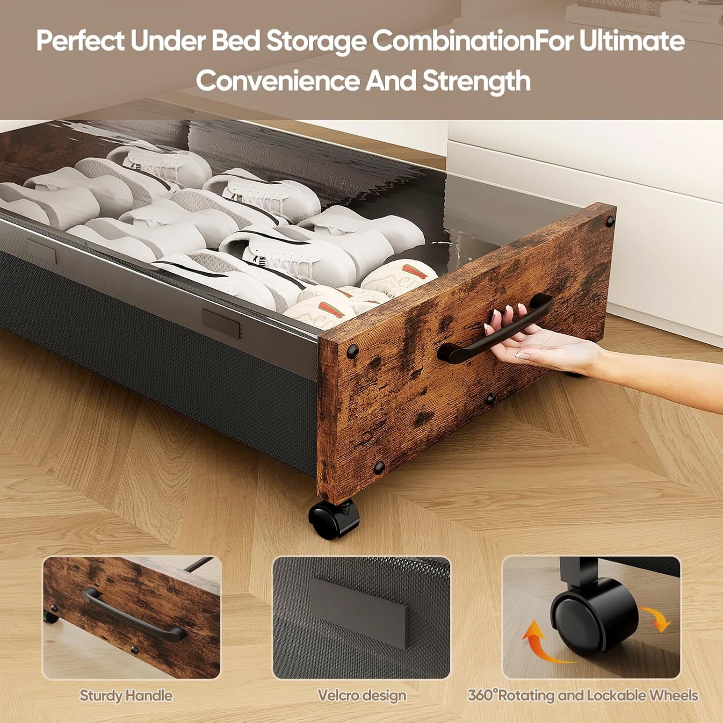 KITHELP Under Bed Storage with Wheels, Wooden Under Bed Drawers 2 Packs, Rolling Underbed Storage Containers Organizer with Handle Removable Lid, Heavy Duty Metal Frame for Clothes Shoe Books(Black)