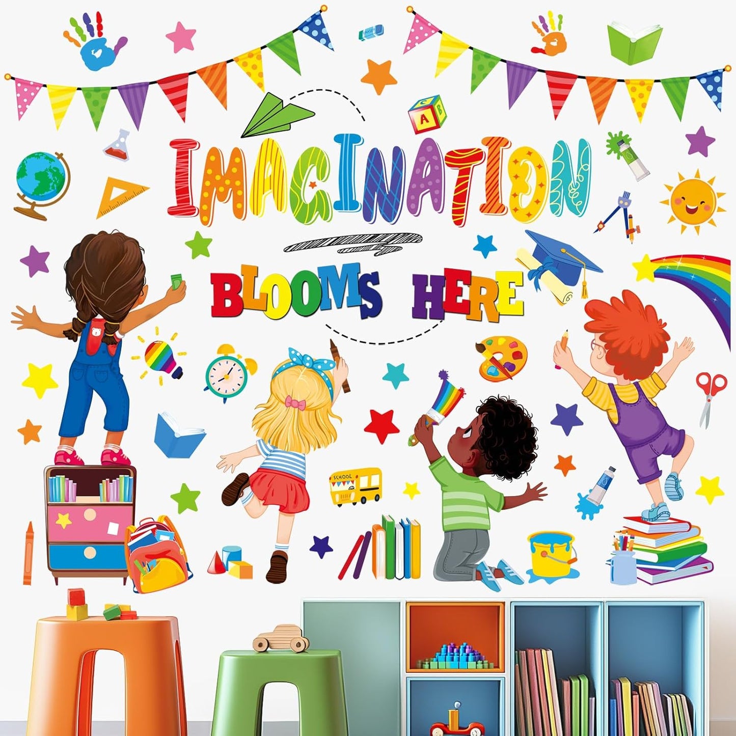 wondever Reading Corner Kids Wall Stickers Inspirational Quotes Imagination Blooms Here Peel and Stick Wall Art Decals for School Classroom Kids Room