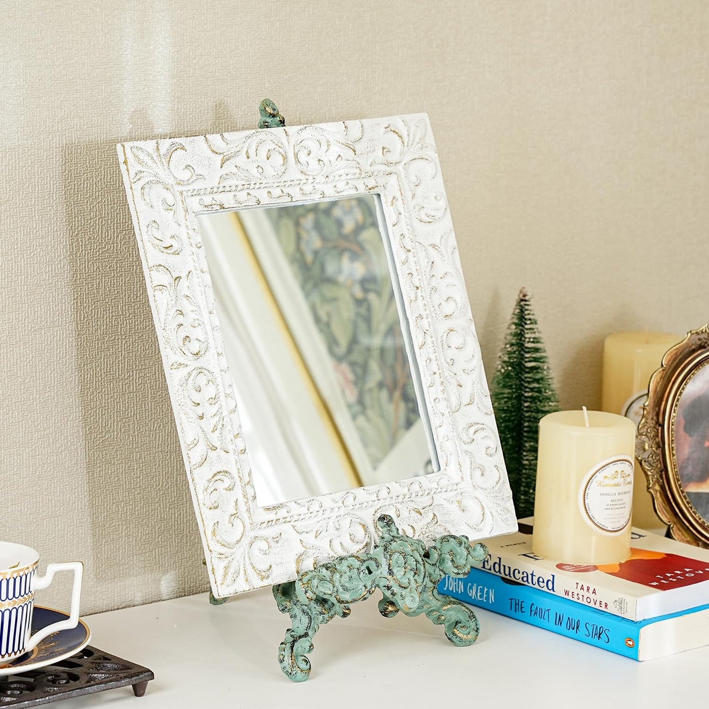 Sungmor Vintage Cast Iron Cookbook Stand, Small Ornate Easel Fleur De Lis Stand, 15.5" Tall Antique Green Table Top Display Holder for Recipe Book, Picture Frame, Plate, Home Kitchen Decor