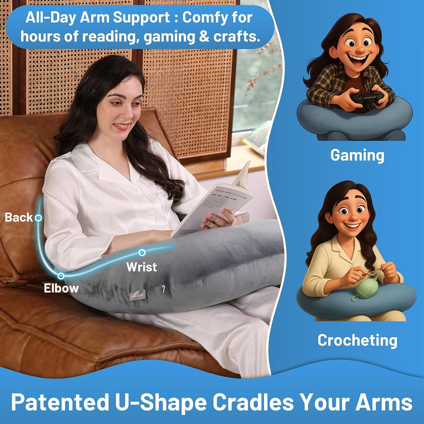 Ergonomic U-Shape Gaming & Lap Pillow - Crochet Pillow & Reading Support Pillow with Arm Relief, Comfort for Gamers, Crafters & Book Lovers (Dark Gray)