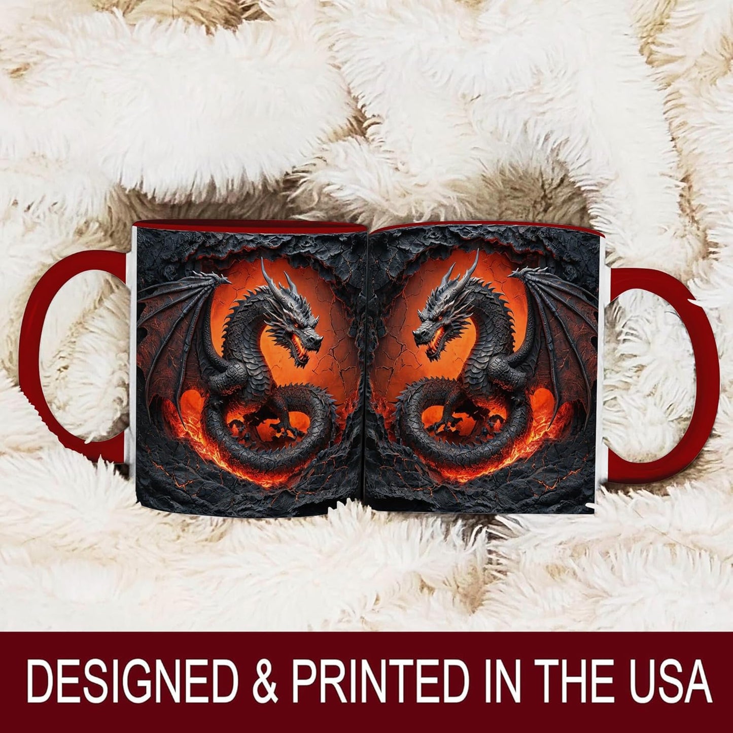 Dragon Coffee Mug, Red Handle and Interior, Fiery in Lava Cracked Design, 11oz Ceramic Cup for Fantasy Enthusiasts, Unique Gift for Men, Office, Home, Birthday, Christmas