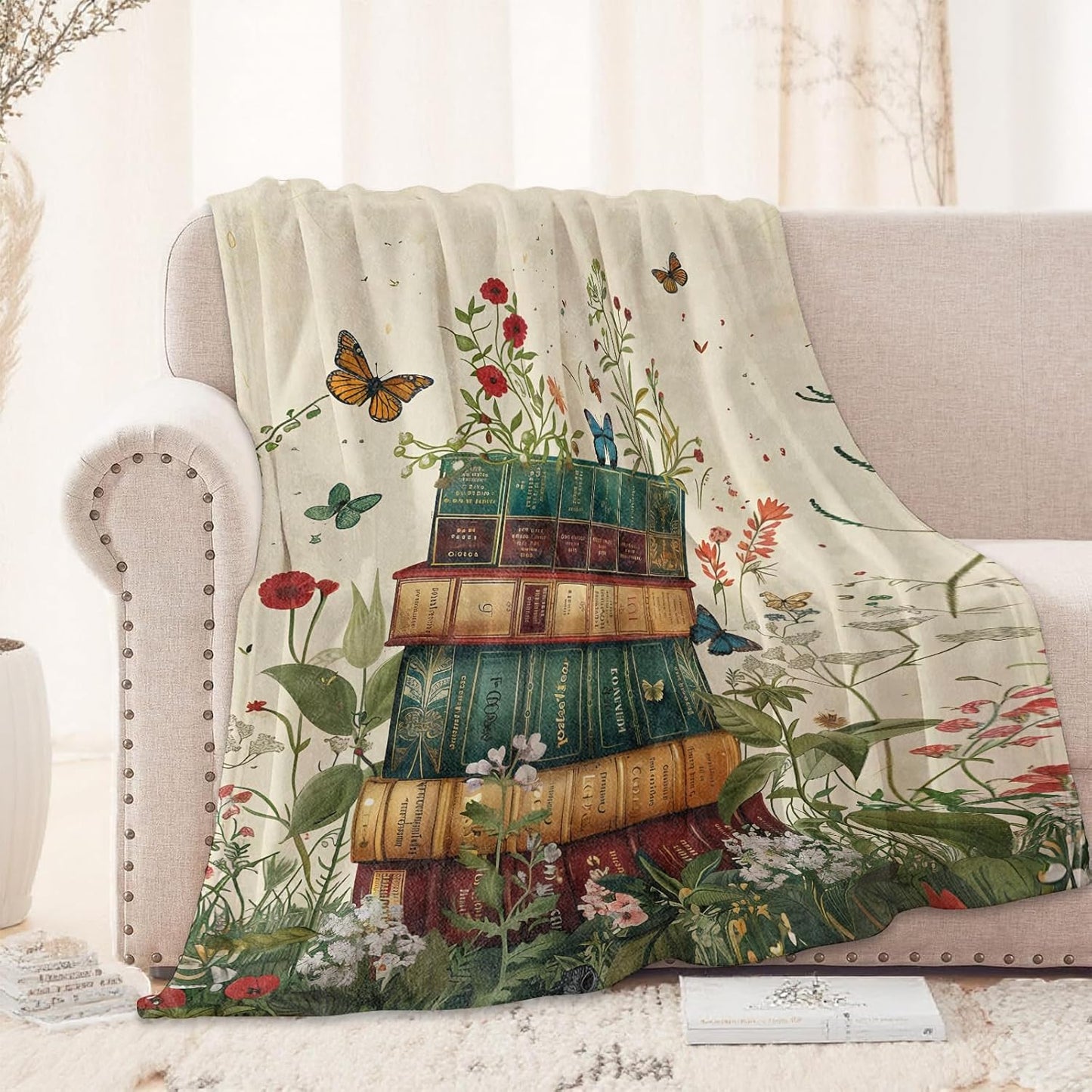 Floral Book Stack Blanket 50X60 in, Flannel Throw Blankets for Travel Camping Sofa Living Room Decor, Lightweight Cozy Soft Fuzzy Gifts for Women Adults Kids