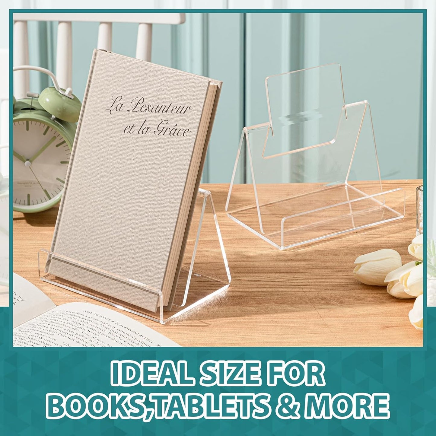 Marspark 2 Pack Clear Acrylic Display Book Stand, Acrylic Brochure Holder for Artworks Display Easel for Comics Photos Easel Holder, Flyers, Pamphlets, Booklets, Menu, Leaflets & CDs