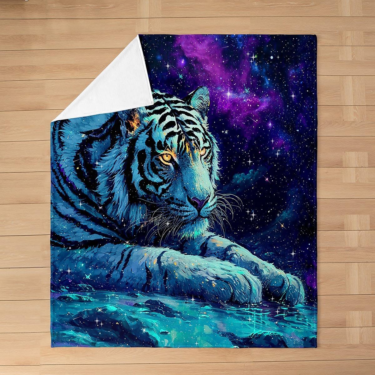 Feelyou White Tiger Flannel Fleece Throw Blanket Queen 90"x90" 3D Animal Print Plush Blanket for Kids Teens Luxury Galaxy Fuzzy Blanket Purple All Season Bed Blanket