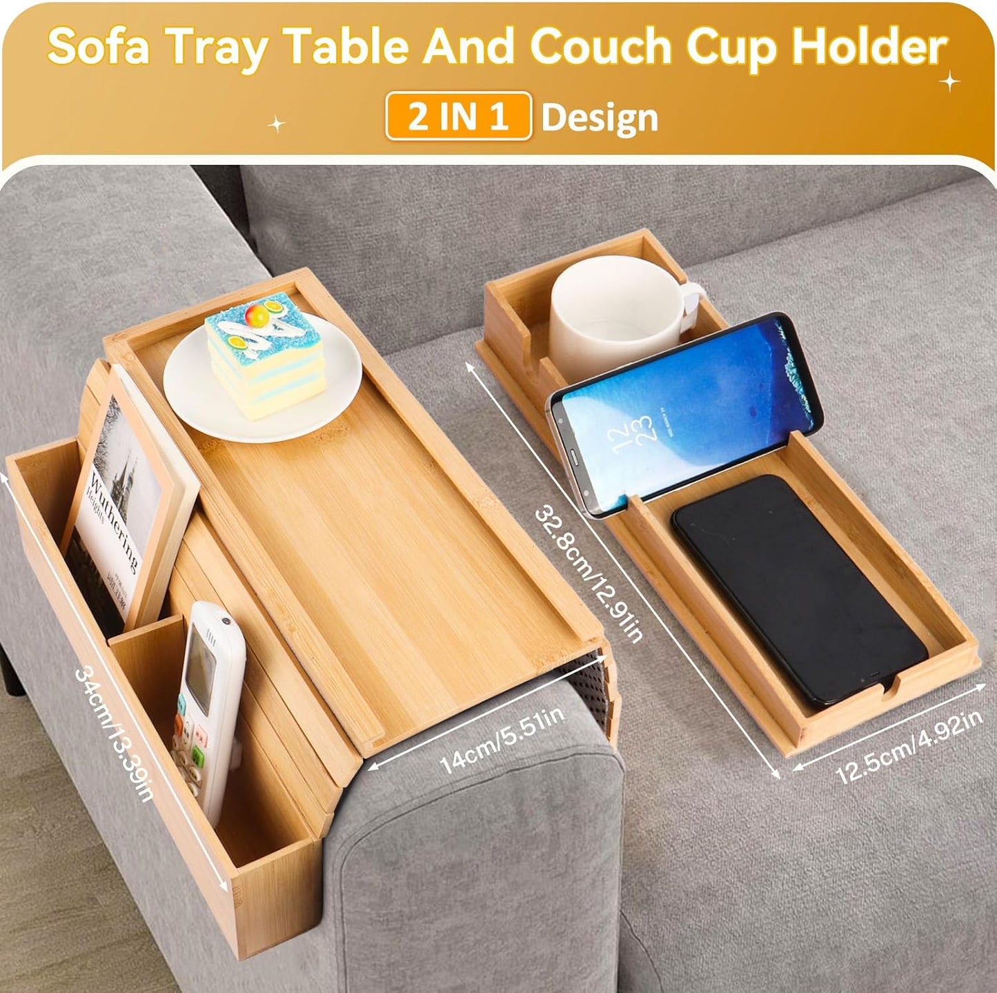 Bamboo Sofa Arm Tray, 2-in-1 Foldable Couch Armrest Tray with Detachable Cup Holder,Couch Arm Table for Armrests 5.5"–10.5" Wide,Anti-Falling Sofa Table for Drink,Cups,Phone,Snacks,Remote