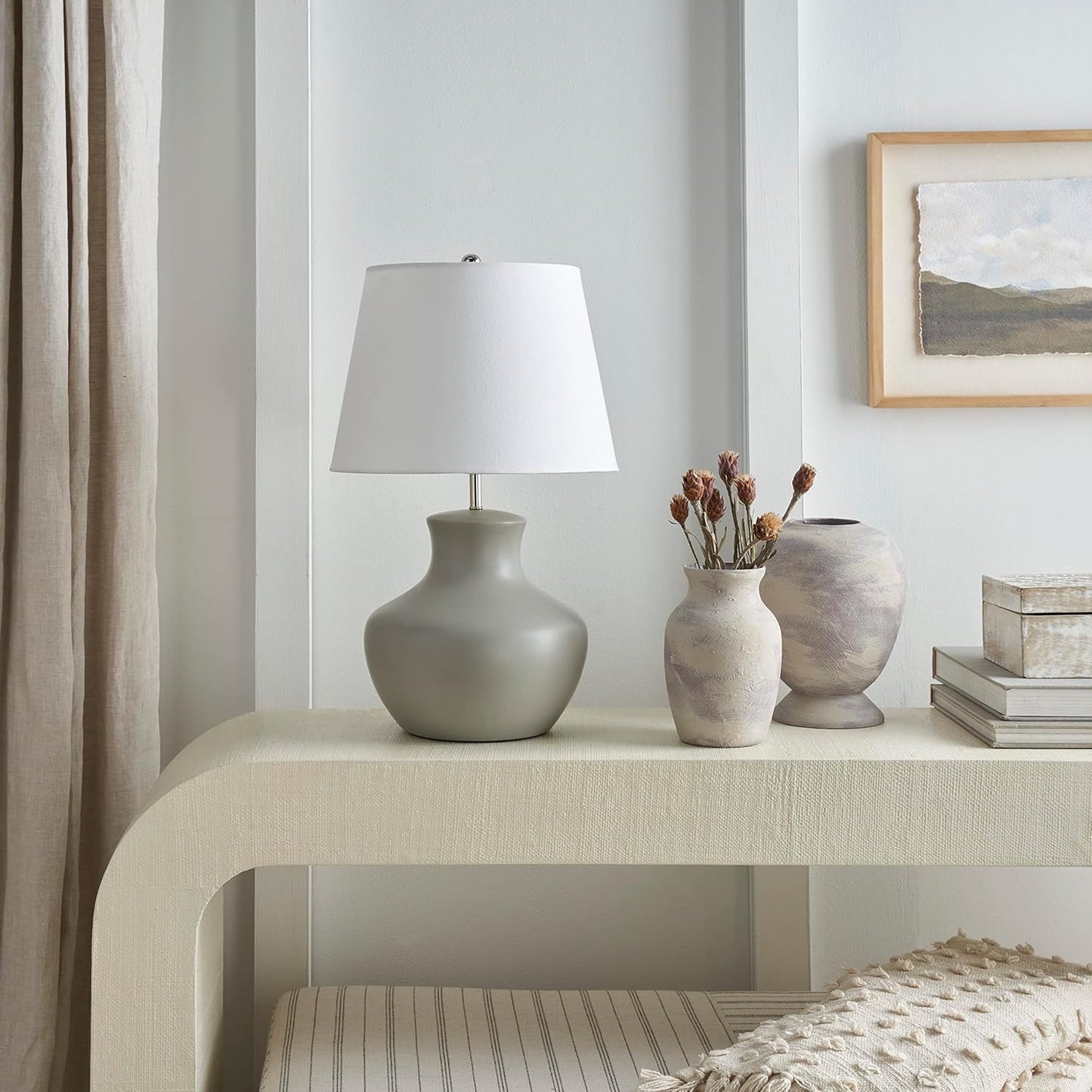 Nourison Home 18" Grey Organic Gourd Ceramic Table Lamp for Bedroom, Living Room, Dining, Entryway