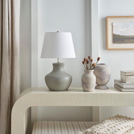 Nourison Home 18" Grey Organic Gourd Ceramic Table Lamp for Bedroom, Living Room, Dining, Entryway