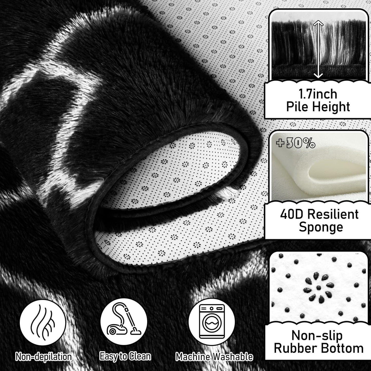 EVOIONOS 6x9 Washable Large Area Rug for Living Room, Black and White Geometric Pattern Fluffy Shag Rug for Bedroom, Ultra Soft Plush Non Slip Carpet for Indoor Floor Nursery Kid Home Decor Aesthetic
