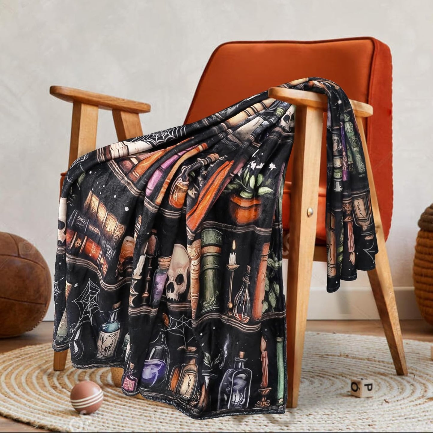 Book Lovers Gifts Bookish Blanket Goth Skull Bookshelf Halloween Throw Blanket Gifts for Bookworm,Reader,Reading,Bookclub,Booknerd,Librarian,Bookish,Book Accessories Halloween Decor- 60”X50”
