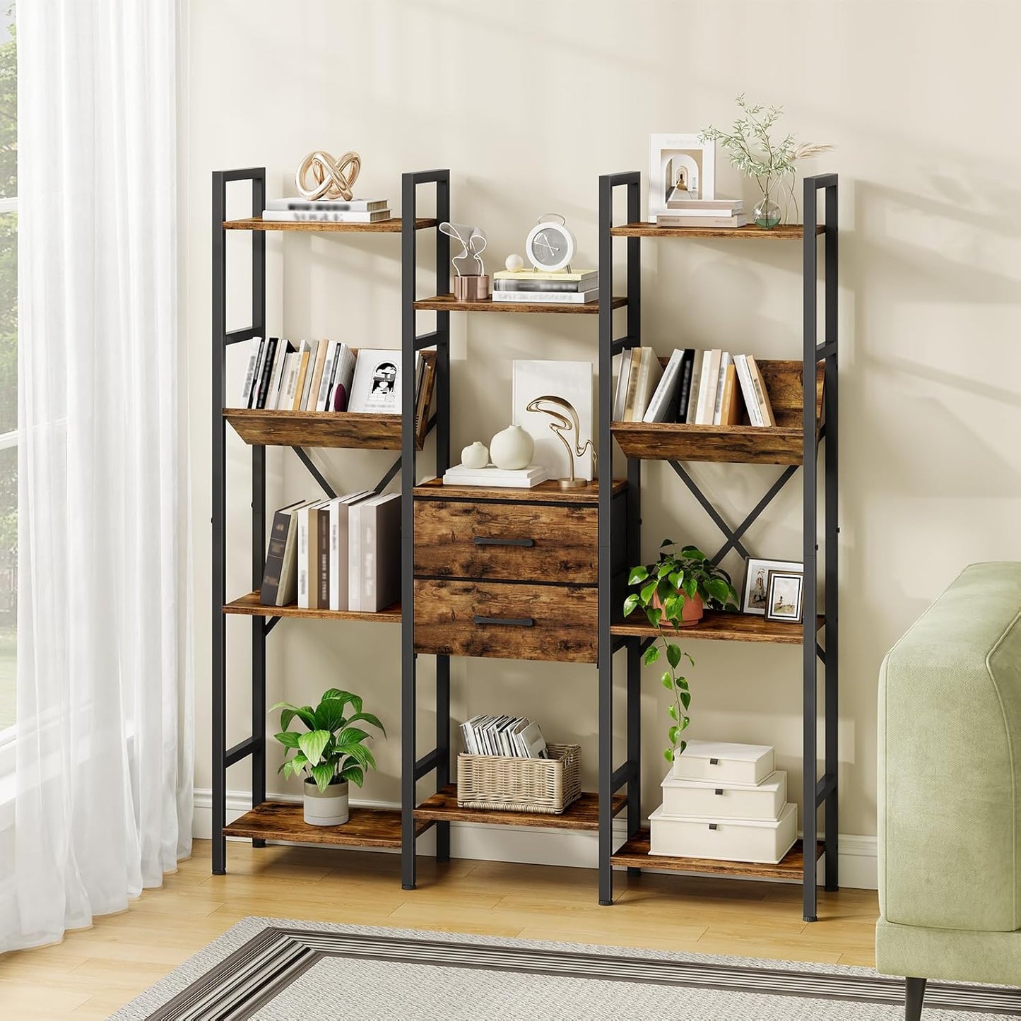 3-Column Bookcase, 55.1" Bookshelf with 2 Non-Woven Fabric Drawers and V-Shaped Shelves, Display Storage Shelf for Living Room, Office, Study, Rustic Brown and Black TSJ03BF