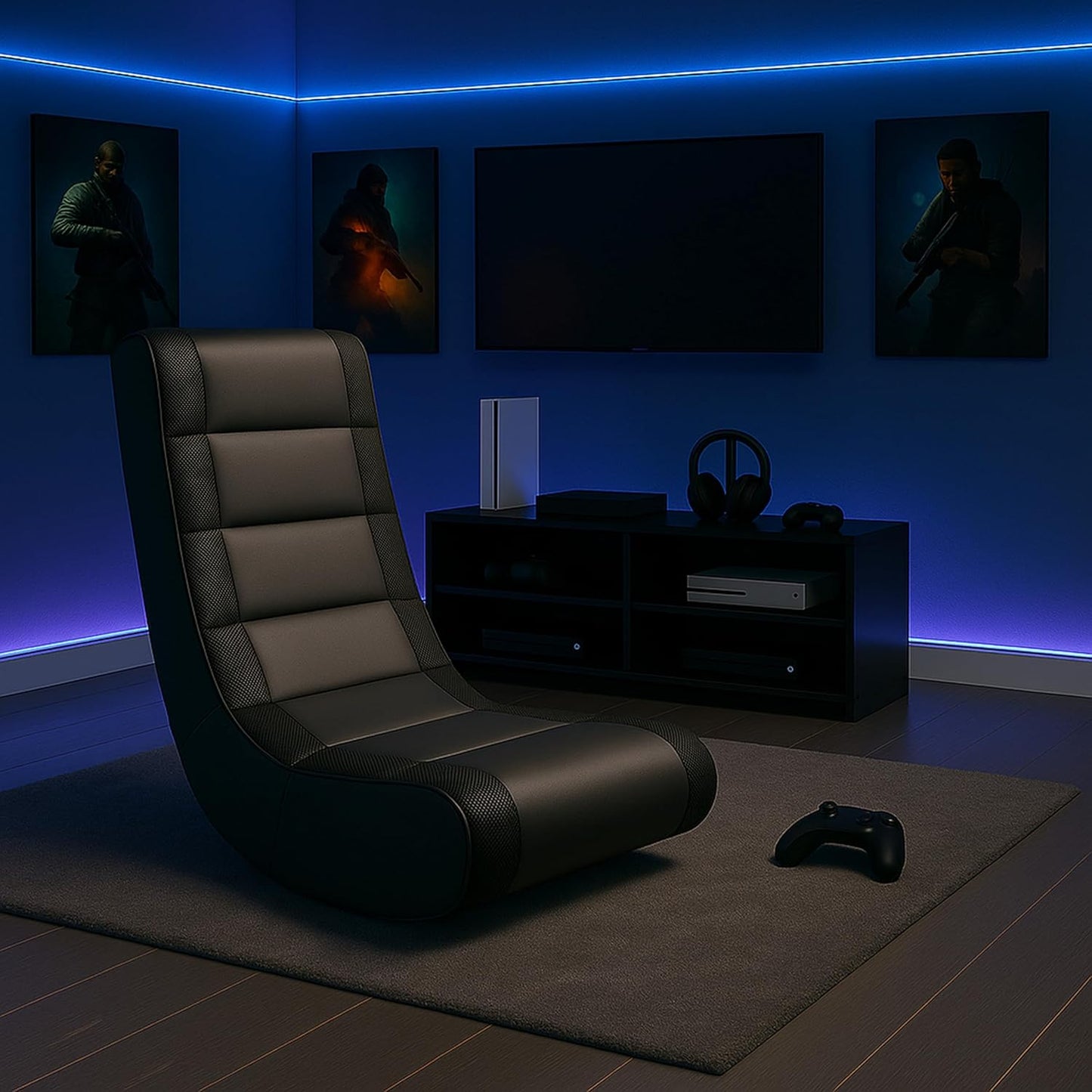 The Crew Furniture Classic Video Rocker Gaming Chair, for Kids and Teens, PU Faux Leather & Polyester Mesh, Black/Black