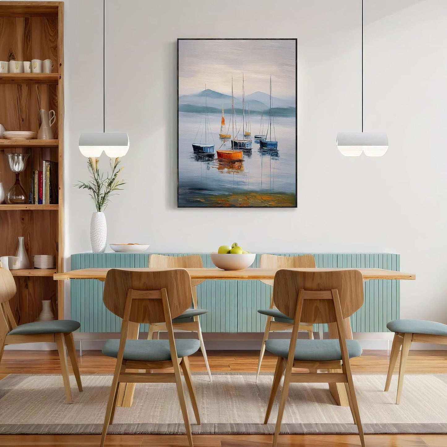 GDJSMIN Minimalist Oil Painting Style Wall Art, Ocean Blue Sailboat Texture Poster For Reading Room Living Room Decor 12X 16 Inch Unframed