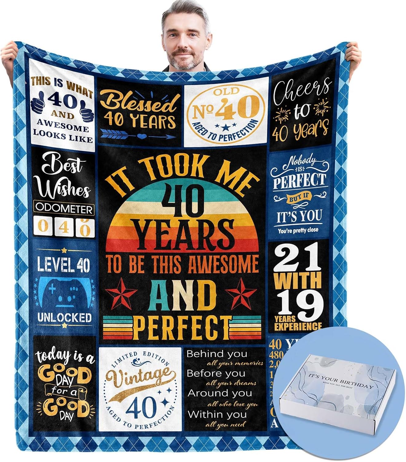 40th Birthday Gift for Men - Blanket with Gift Box for 40 Year Old - Decorations