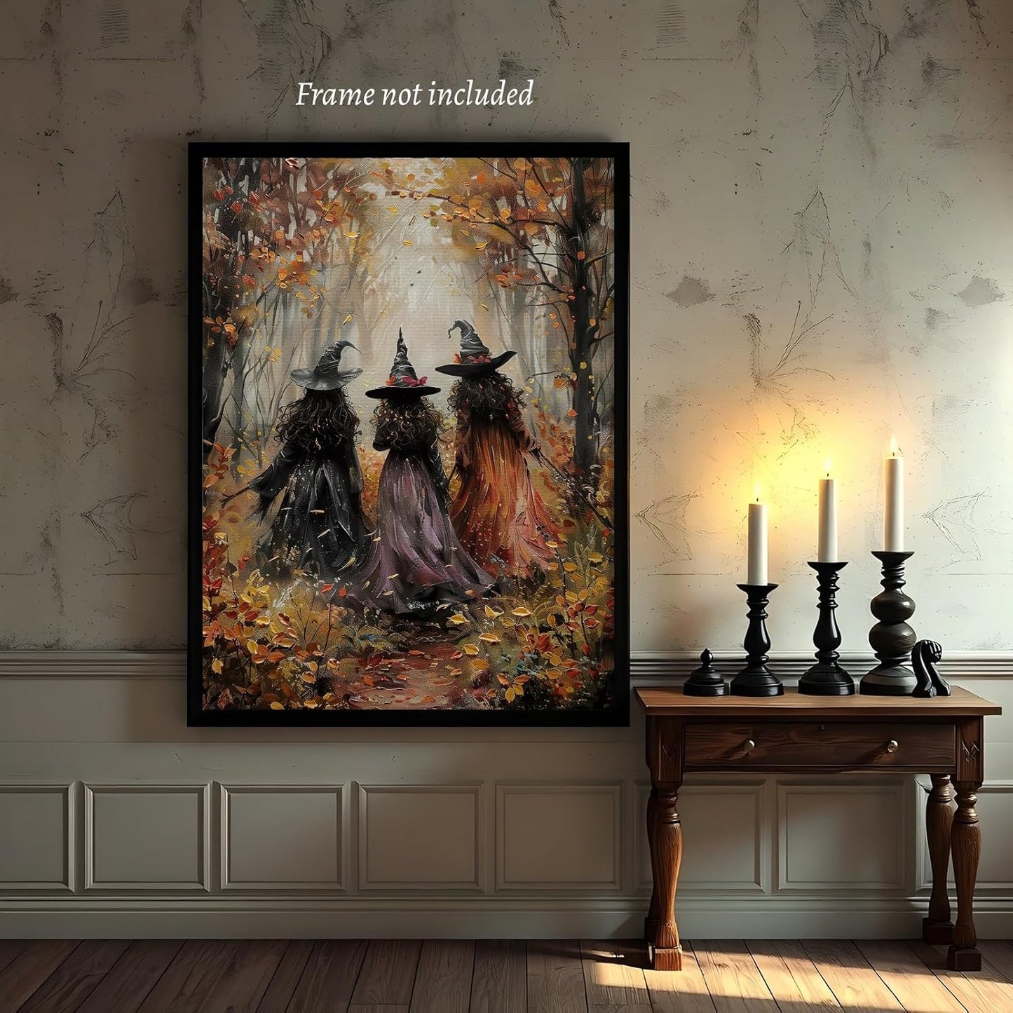 KBBYT Halloween Witch Wall Art Three Witches in The Forest Poster Vintage Witchy Canvas Print Autumn Forest Wall Decor Gothic Spooky Fall Dark Academia Decor for Bedroom Living Room 8X12inch Unframed