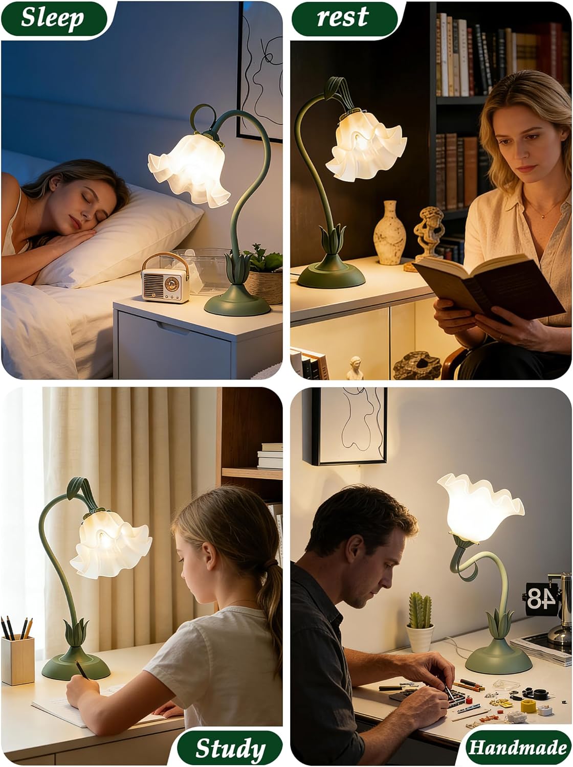 Flower Table Lamp Bedside Lamps LED Reading Light,3 Color Modes Cute Small Lamp,Vintage Flower Lamp Nightstand Lamp Kawaii Table Lamp for Bedroom Living Room Office Dorm Desk Home Decor(Green lamp)