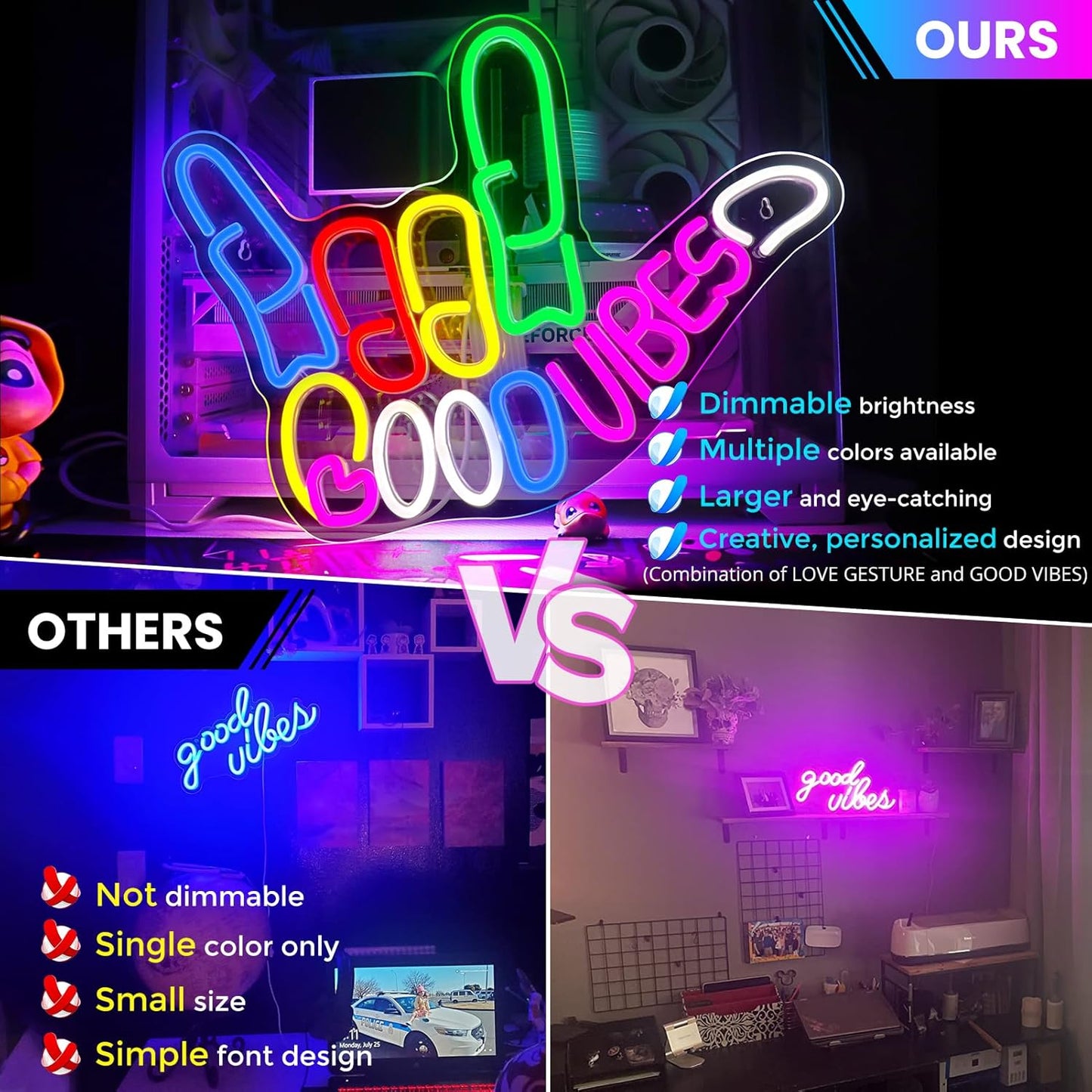 Good Vibes Neon Sign, Dimmable Good Vibes Only Neon Signs Light with ON/OFF Switch, USB Powered Neon Signs for Wall Decor, Colorful Light Up LED signs for Bedroom Game Room Party Club Decor