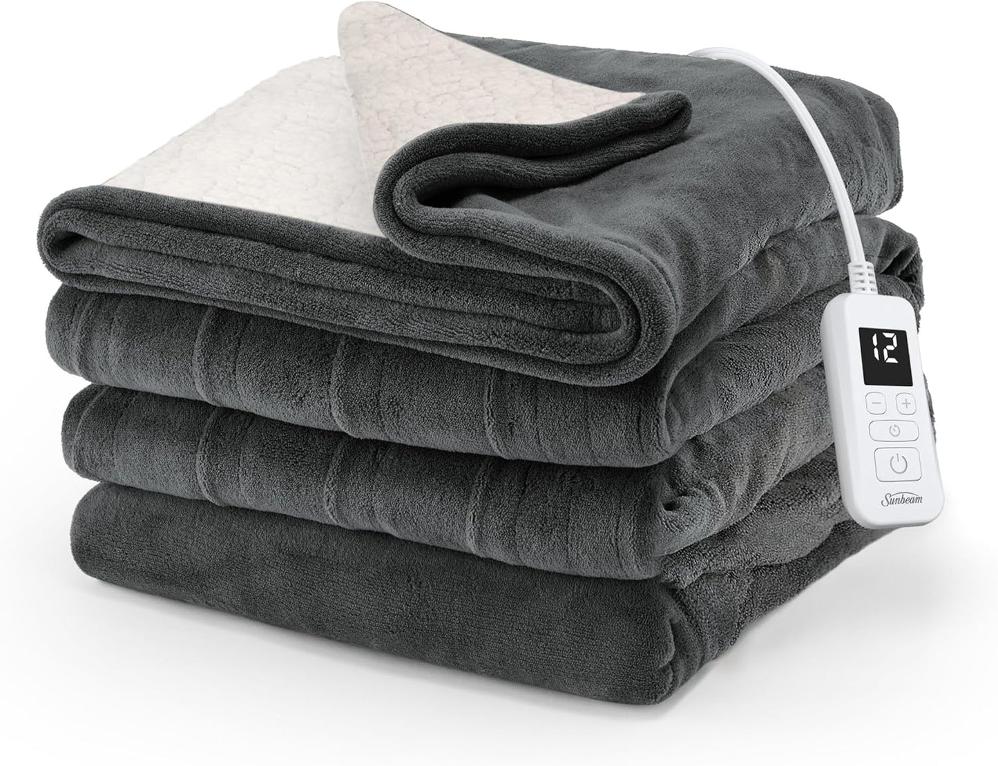 Sunbeam Electric Royal Luxe Microplush Reverse Sherpa Heated Blanket, 12 Heat Settings, 12-Hour Selectable Auto Shut-Off, Fast Heating, Warm and Cozy, Night Fog, Full, 84" x 72"