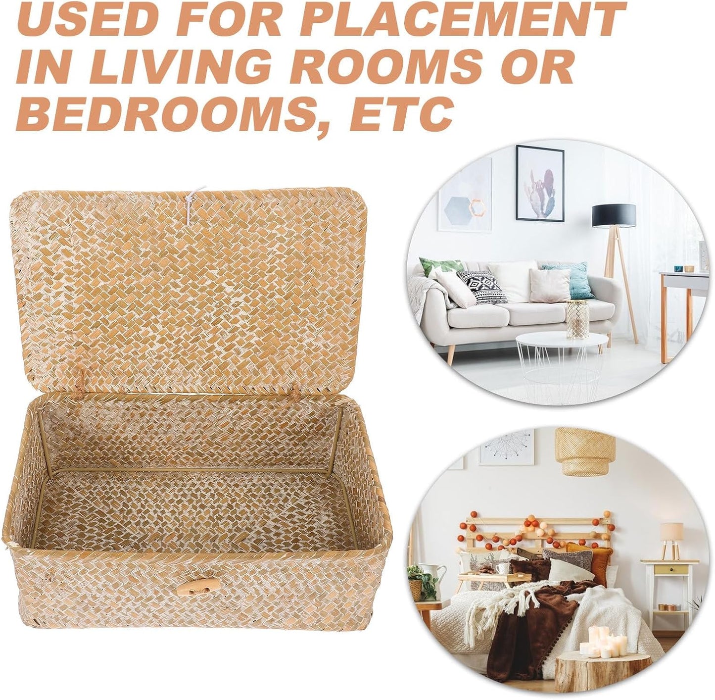 Handwoven Wicker Storage Box with Lid, Rectangular Woven Basket 26x16x10cm, Decorative Living Room and Closet Organizer for Home Storage