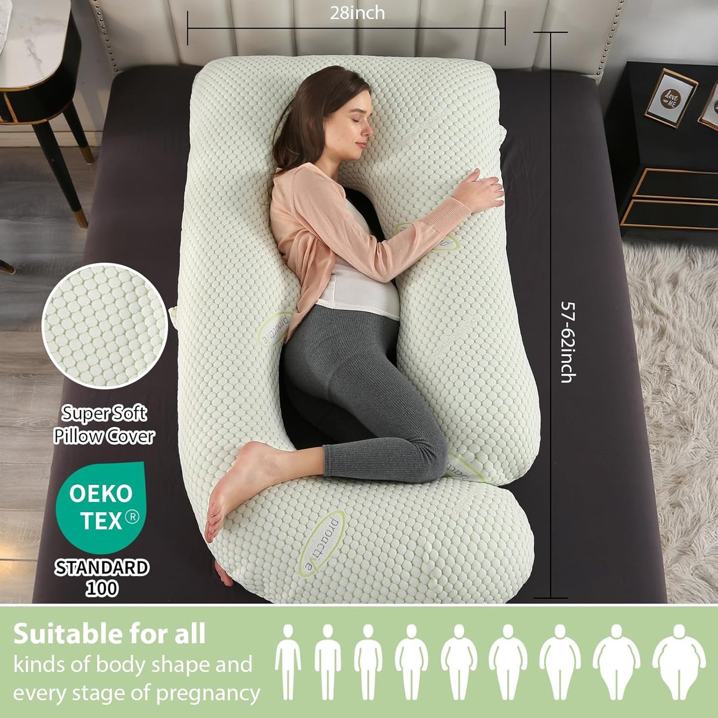 BATTOP Pregnancy Pillows for Sleeping- Full Body Maternity Pillow with Cooling Breathable Cover, U-Shaped Pregnancy Pillow for Side Sleepers - Support for Back,Hips,Legs,Belly (Mint Green)