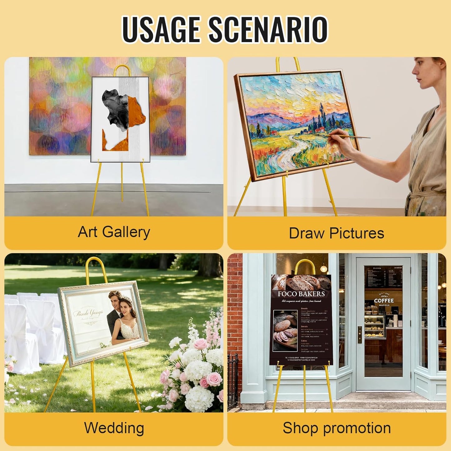 52" Gold Easel Stand for Wedding Sign, Adjustable Height Levels, Lockable at Any Height, 3 Display Modes, Heavy Duty Art Easel for Wedding, Draw Pictures, Art Gallery & Shop Promotion