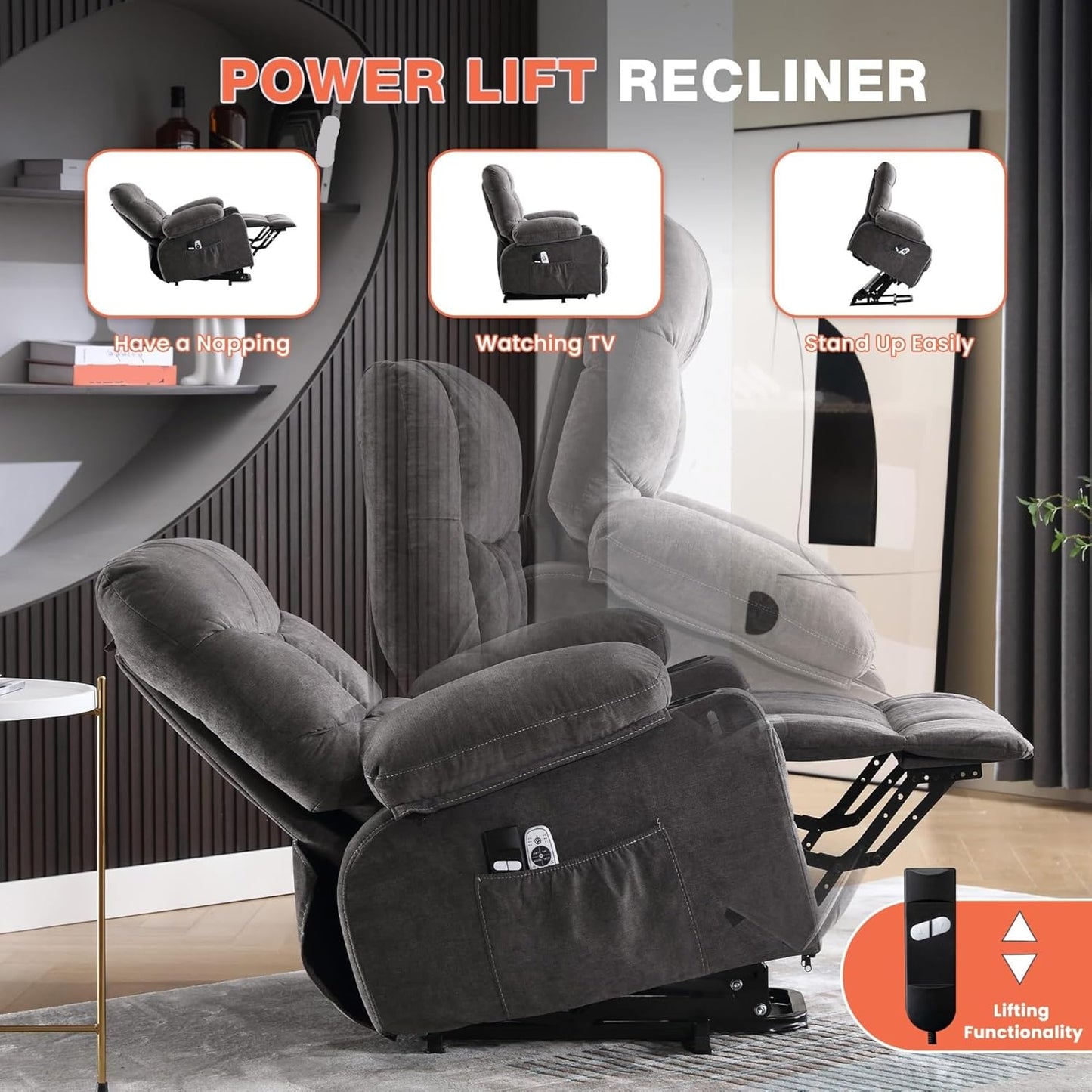 Electric Lift Recliner Single Sofa for Living Room with Two Cup Holders and USB Charge Port Side Pocket with Vibration Massage and Lumbar Heating Power Lift Recliner Chair for Elderly