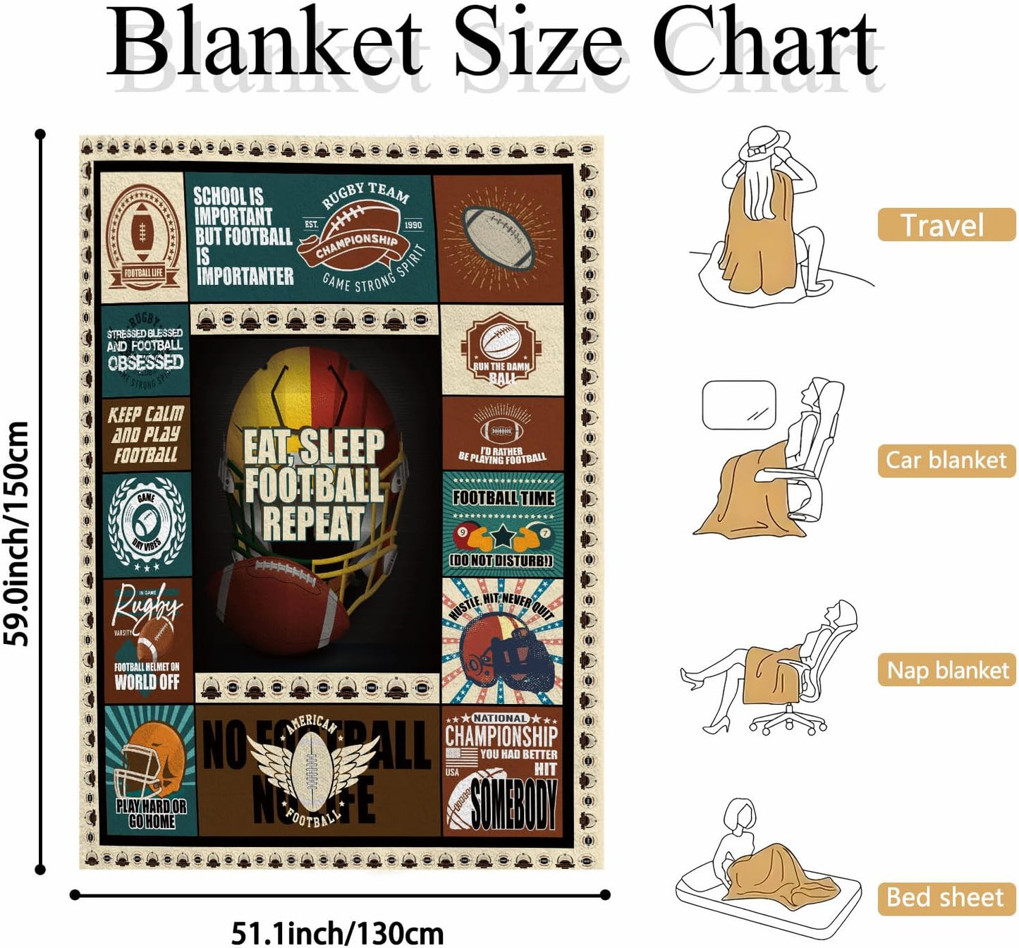 American Football Throw Blanket 50x60, Soft Flannel Fleece, Retro Helmet Collage, Game Day Stadium Couch Bed Sofa, Lightweight Warm, Machine Washable Sports Gift for Fans Adults Teens