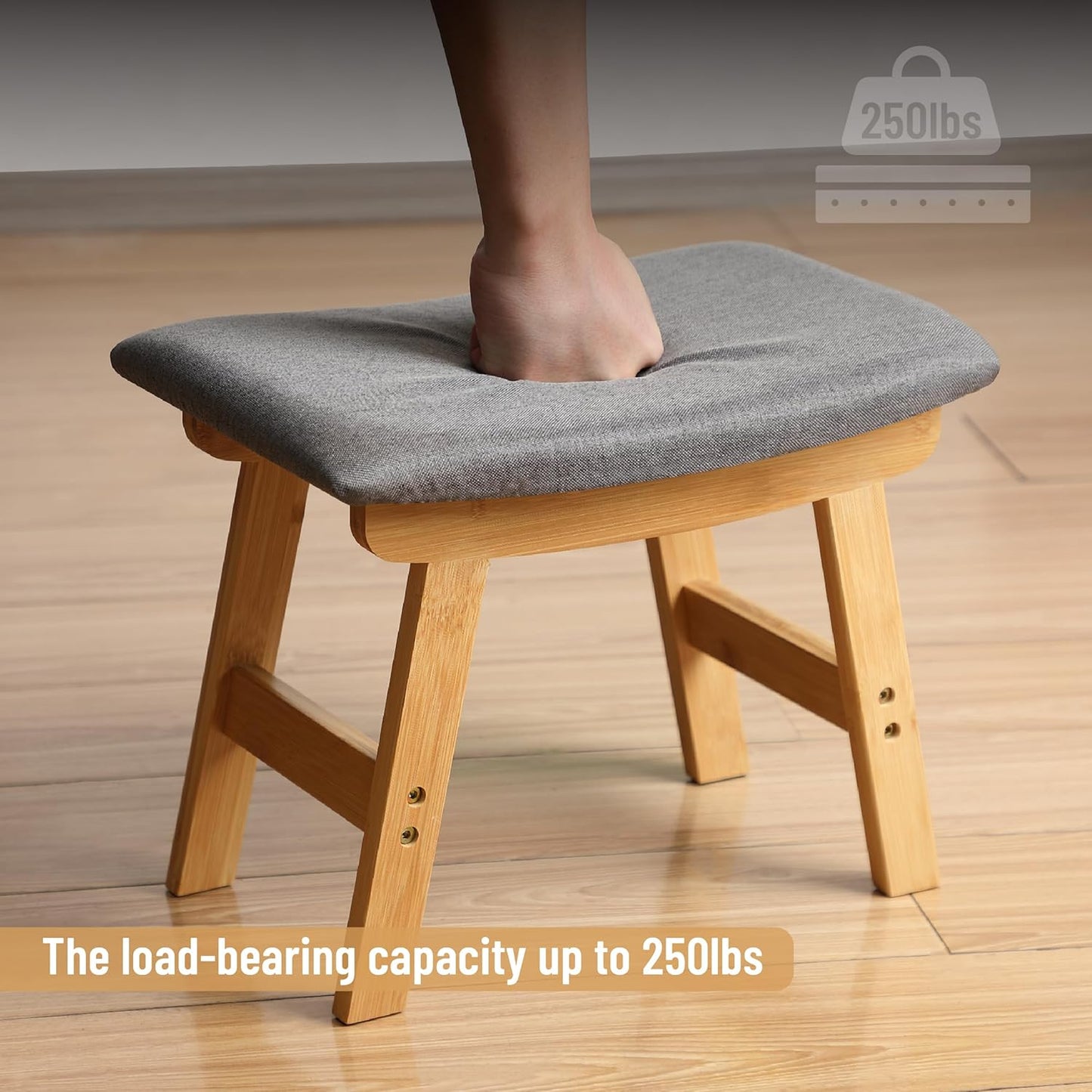 BAMBOO LAND- Bamboo Foot Stools Ottoman, Gray Cushion & Natural Wood Legs, Small Ottoman Foot Rest for Couch