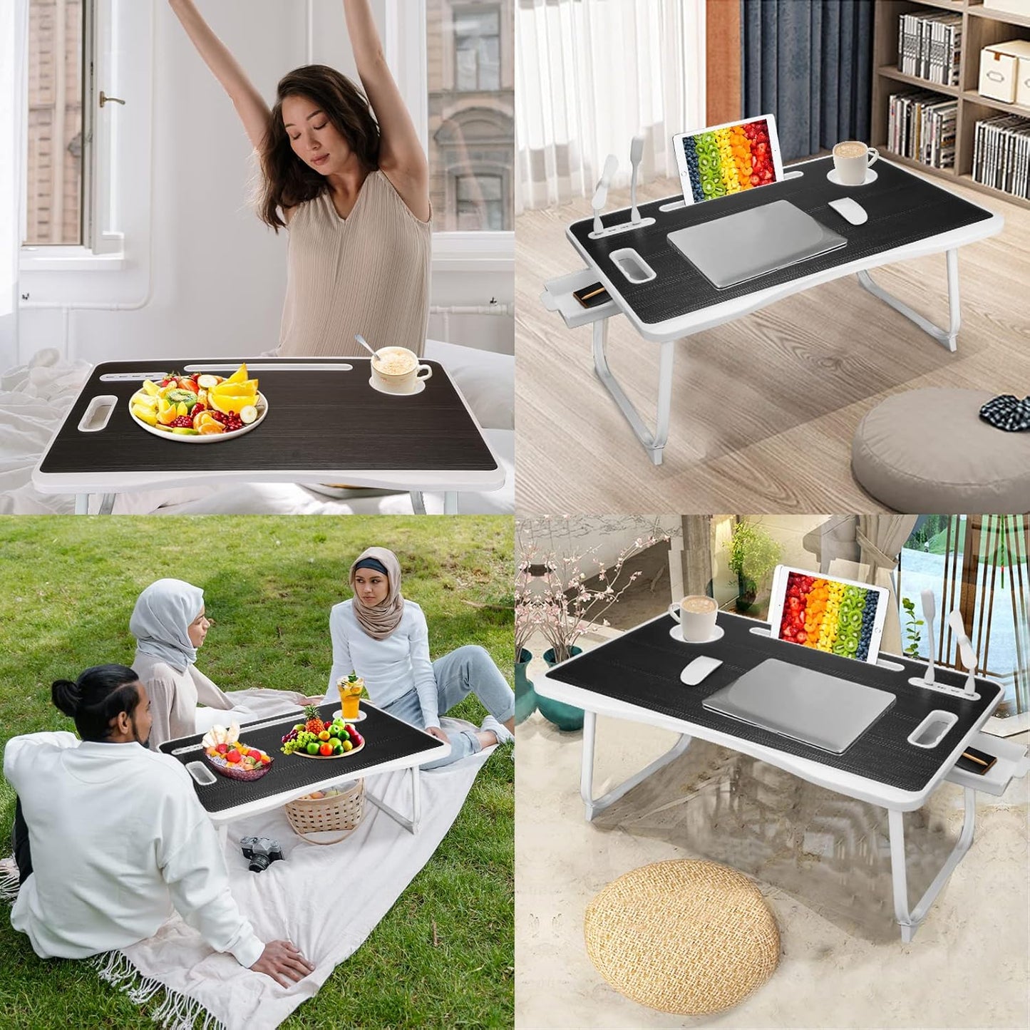 Laptop Bed Table, Lap Desk for Bed, Foldable Laptop Bed Desk with USB Charge Port, Handle, Desktop Card Slot, Cup Slot, Side Drawer, Portable Laptop Table for Bed Eating Reading Working