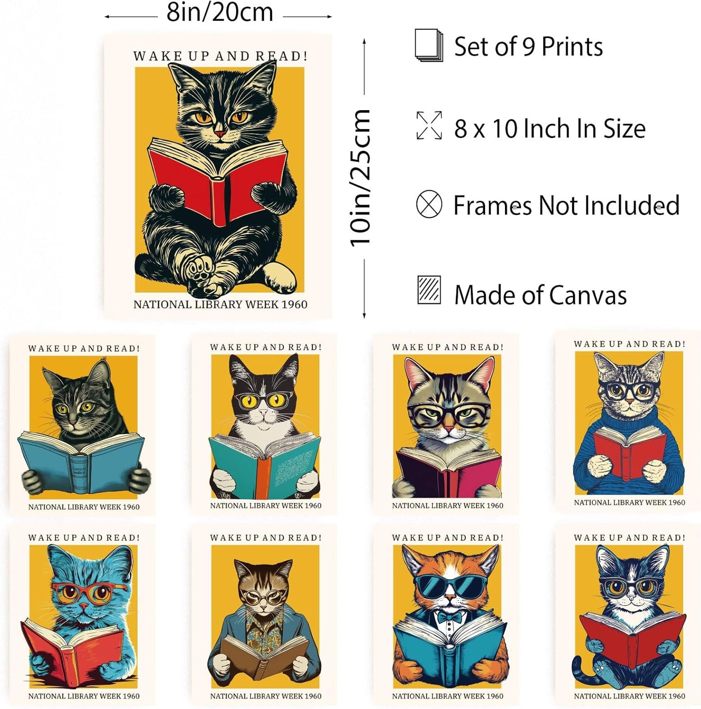 INFUNLY 9pcs Cat Reading Wall Art Prints Vintage Cool Cat Pictures Poster 8"×10" Reading Books Artwork Decor Unframed Canvas Poster Prints Aesthetic Wall Art for Bedroom Bookworm Library Home Decor