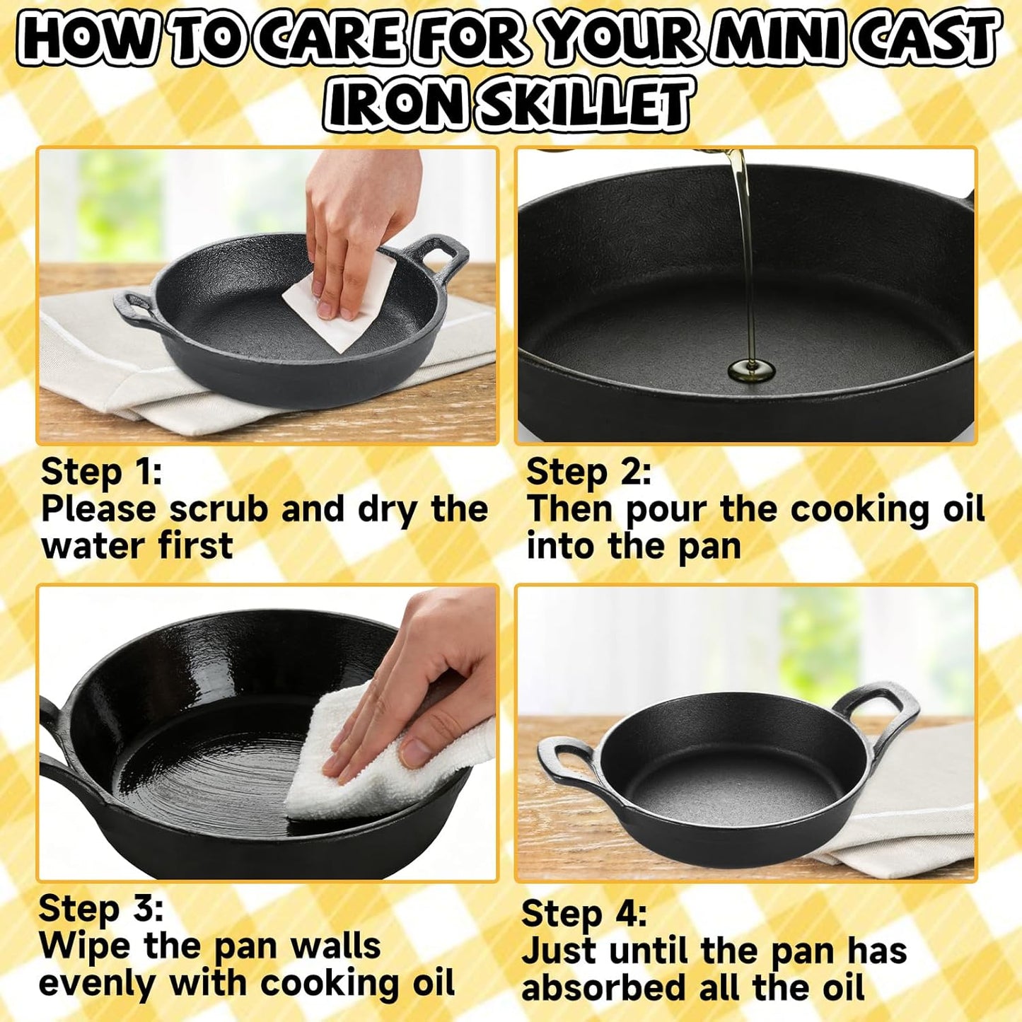 2 Pack Mini Cast Iron Skillet, 7 x 7 x 1.7 Inch Small Cast Iron Frying Pan with Handle, Pre-Seasoned Cast Iron Skillet Set, Black Casserole Dish for Kitchen, Indoor, Outdoor, Picnic